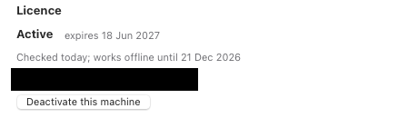 The licence row in Setup: Active, checked today, works offline until 21 Dec 2026. The serial key is hidden.